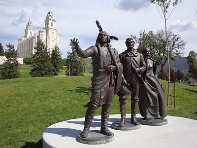 Chief Walker, Isaac Morley, and wife statue